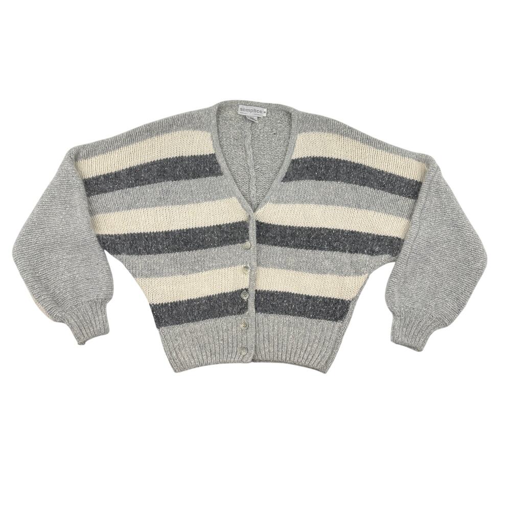 Vintage Semplice Silk Angora Cardigan Sweater S Cropped Dolman Gray Striped Knit